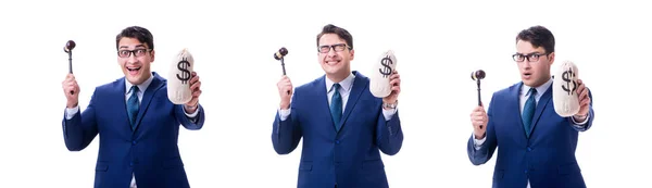 Ügyvéd, egy marok, és egy moneybag pénz rossz elszigetelt fehér — Stock Fotó