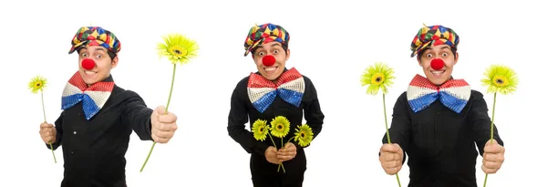 Payaso divertido con flores aisladas en blanco — Foto de Stock