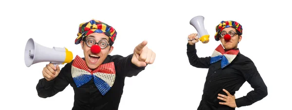 Clown mit Lautsprecher isoliert auf weiß — Stockfoto