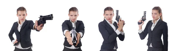 Vrouw zakenvrouw met pistool op wit — Stockfoto