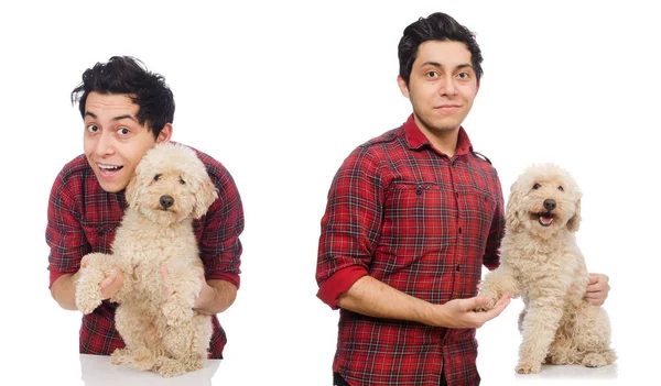 Junger Mann mit Hund isoliert auf weiß — Stockfoto