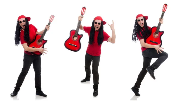 Niño positivo con guitarra aislada en blanco — Foto de Stock