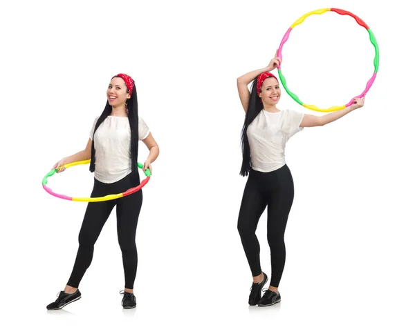 Una Ragazza Tuta Sportiva Con Hula Hoop Isolato Bianco — Foto Stock