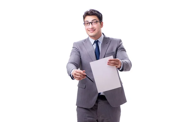 Empresário com mensagem em branco isolado em branco — Fotografia de Stock