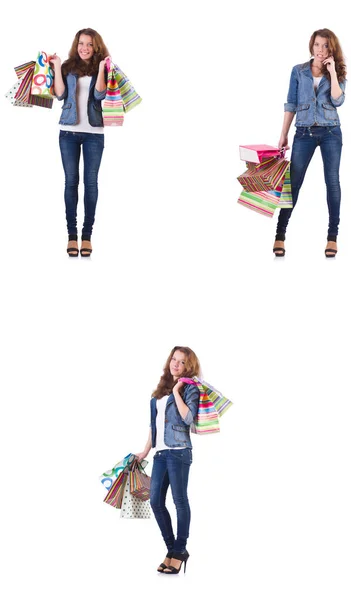 Ung Kvinna Med Shoppingväskor Isolerade Vitt — Stockfoto