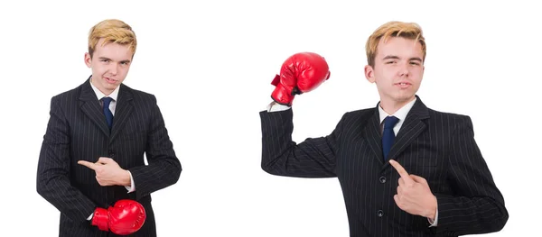 Junger Angestellter mit Boxhandschuhen isoliert auf weißem Grund — Stockfoto