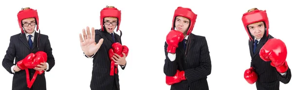 Jeune employé avec gants de boxe isolé sur blanc — Photo