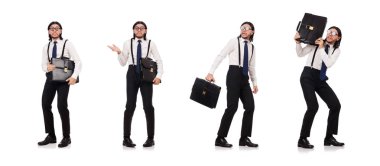 Genç Yöneticisi üzerinde beyaz izole evrak çantası ile