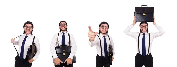 Young businessman holding briefcase isolated on white — Stock Photo, Image