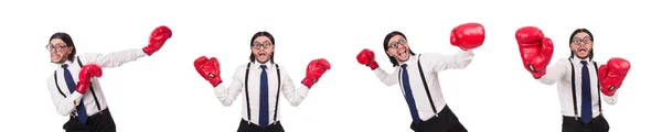 Engraçado jovem empresário com luvas de boxe isolado no branco — Fotografia de Stock