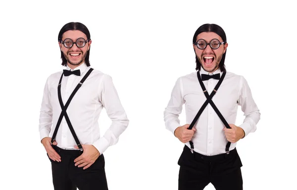 Mann trägt Hosenträger auf weißem Grund — Stockfoto