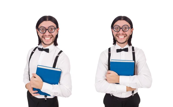 Junger lustiger Mann mit Buch auf weißem Hintergrund — Stockfoto