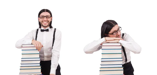 Estudiante divertido con libros aislados en blanco —  Fotos de Stock