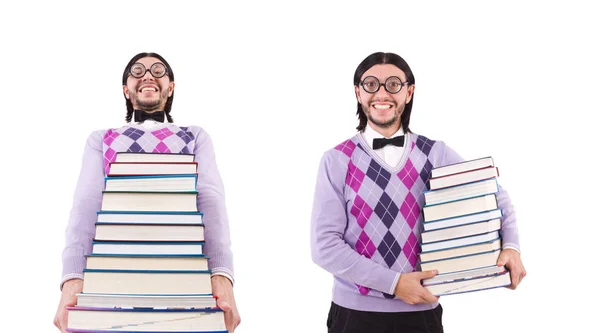 Estudante engraçado com livros isolados em branco — Fotografia de Stock