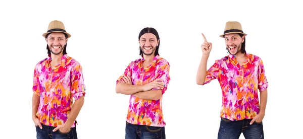 Man in pink shirt and hat isioalted on white — Stock Photo, Image