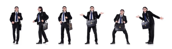 Молодий бізнесмен тримає портфель ізольовано на білому — стокове фото