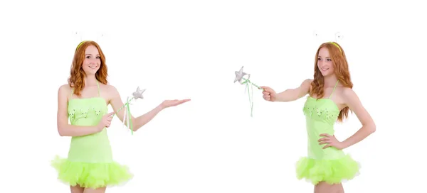 緑のドレスが白で隔離のかわいい赤髪妖精 — ストック写真
