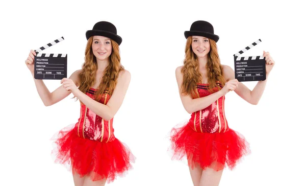 Young fairy with clapperboard isolated on white — Stock Photo, Image