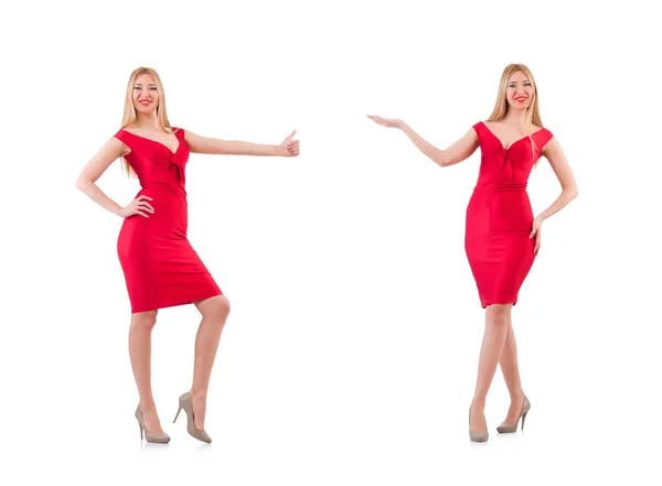 Loira em vestido vermelho isolado em branco — Fotografia de Stock