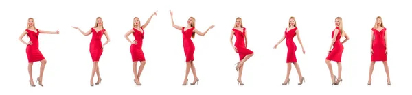 Blondie in rode jurk geïsoleerd op wit — Stockfoto
