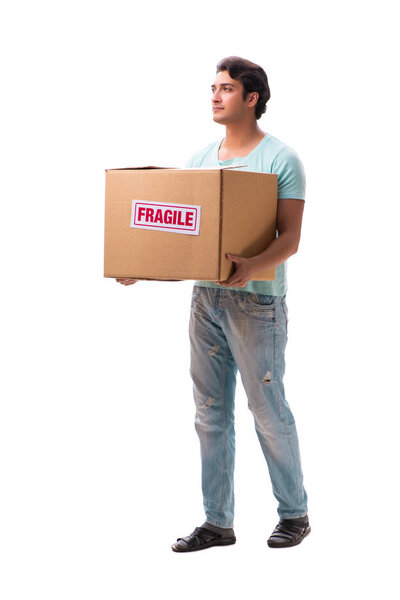 Young handsome man with fragile box ordered from Internet 