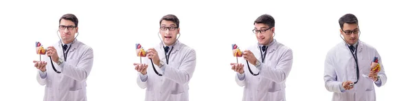 Ung läkare med hjärtform isolerad på vit — Stockfoto