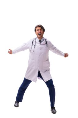 Baskı altındaki genç ve yakışıklı doktor beyazlara izole edilmiş.