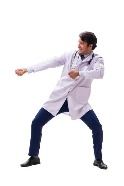 Junge hübsche Ärztin unter Druck isoliert auf Weiß — Stockfoto
