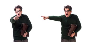 İnek işadamı ile üzerine beyaz izole evrak çantası