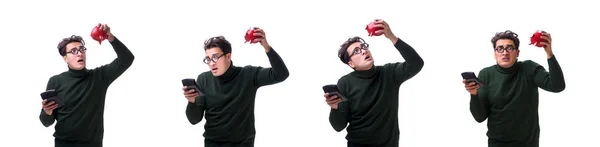 Nerd joven con piggybank aislado en blanco — Foto de Stock