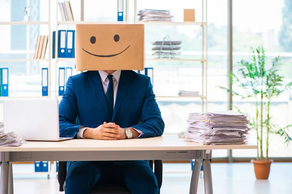 Happy man with box instead of his head — Stock Photo, Image