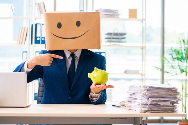 Happy man with box instead of his head — Stock Photo, Image