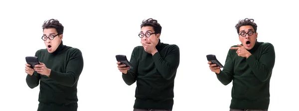 Nerd joven con calculadora aislado en blanco —  Fotos de Stock