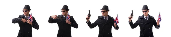 Mann Spion mit Handfeuerwaffe und US-Flagge isoliert auf weißem Hintergrund — Stockfoto