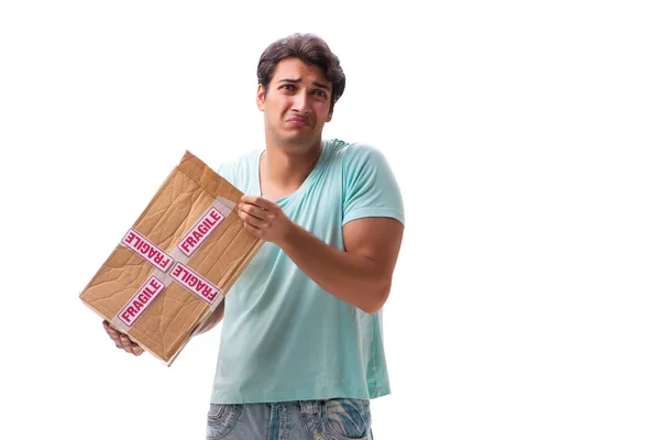 Jeune homme beau avec boîte fragile commandé sur Internet — Photo