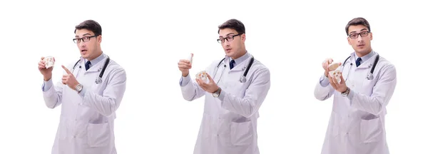 Yong médecin masculin avec squelette isolé sur blanc — Photo
