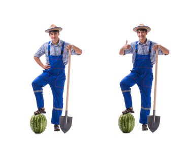 Beyaz izole karpuz ile genç çiftçi