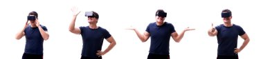 Beyaz izole sanal gerçeklik Vr gözlüklü genç yakışıklı adam 