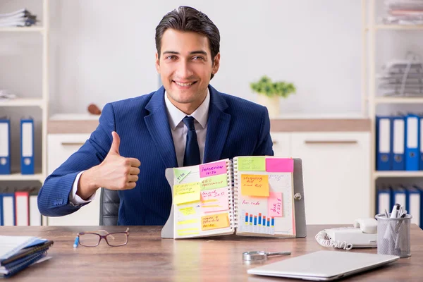 Junger schöner Mitarbeiter plant seine Arbeitstätigkeit — Stockfoto