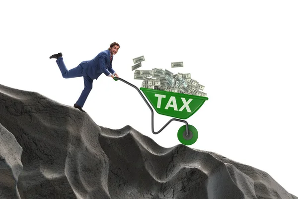 Üzletember tapossa talicskával az adópénzt — Stock Fotó