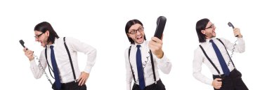 Beyaz izole telefon ile kızgın işadamı