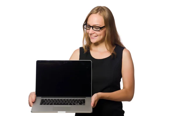 Mulher com laptop isolado no branco — Fotografia de Stock