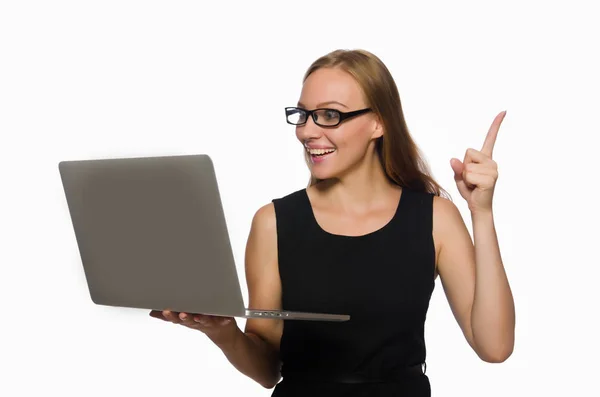 Donna con laptop isolato su bianco — Foto Stock