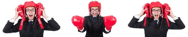 Jeune employé avec gants de boxe isolé sur blanc — Photo