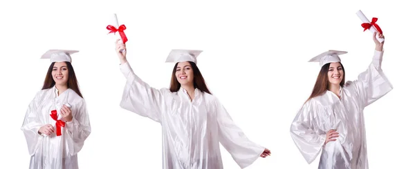 Diplomás lány diplomával elszigetelt fehér — Stock Fotó