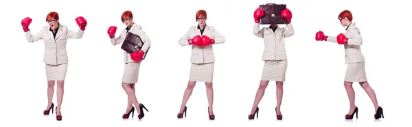 Femme d'affaires avec gants de boxe sur blanc — Photo