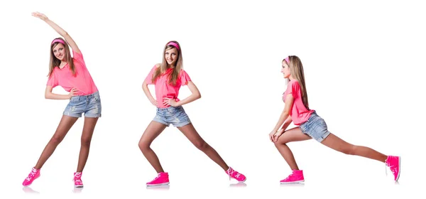 Femeie tânără care face exerciții pe alb — Fotografie, imagine de stoc