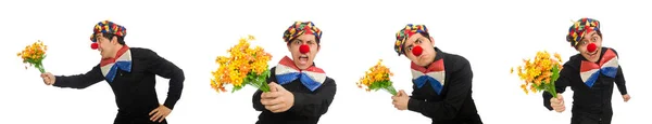 Rolig clown med blommor isolerad på vit — Stockfoto