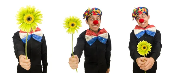 Payaso divertido con flores aisladas en blanco —  Fotos de Stock