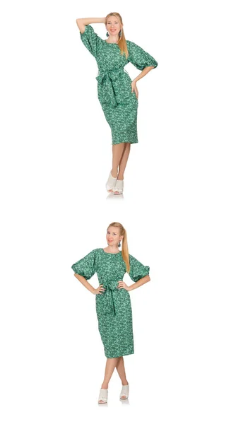 Mladá žena v zelených šatech izolované na bílém — Stock fotografie